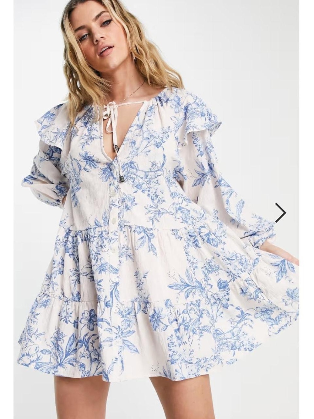 Free People Blue Floral Tie-Front Tiered Mini Dress